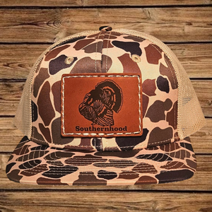 Leather Turkey Patch on Classic Duck Camo Hat.