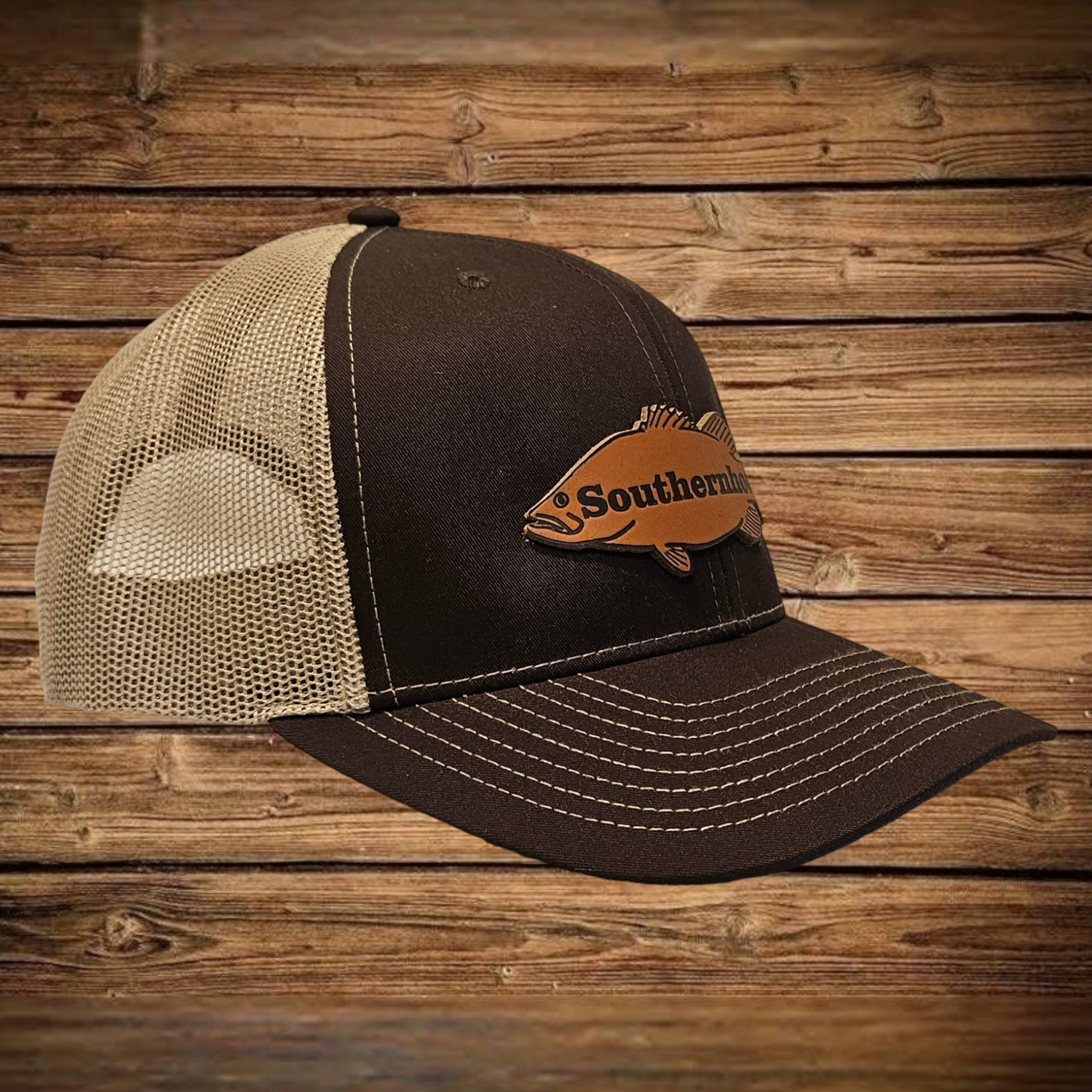 Leather Bass Patch, Brown/Khaki  Trucker Snap Back.