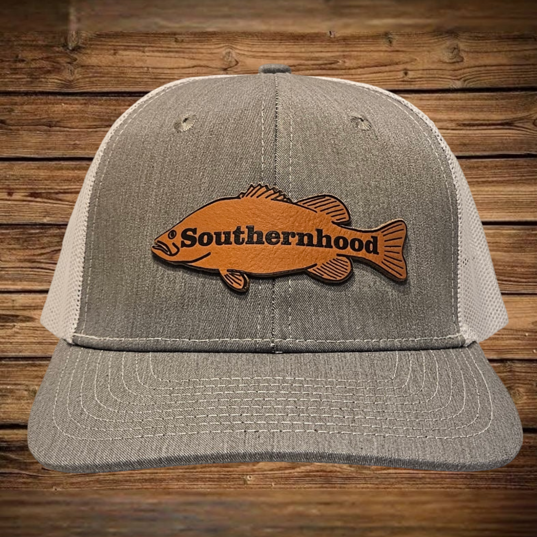 Leather Bass Patch on Heather Gray Snapback Tucker Hat