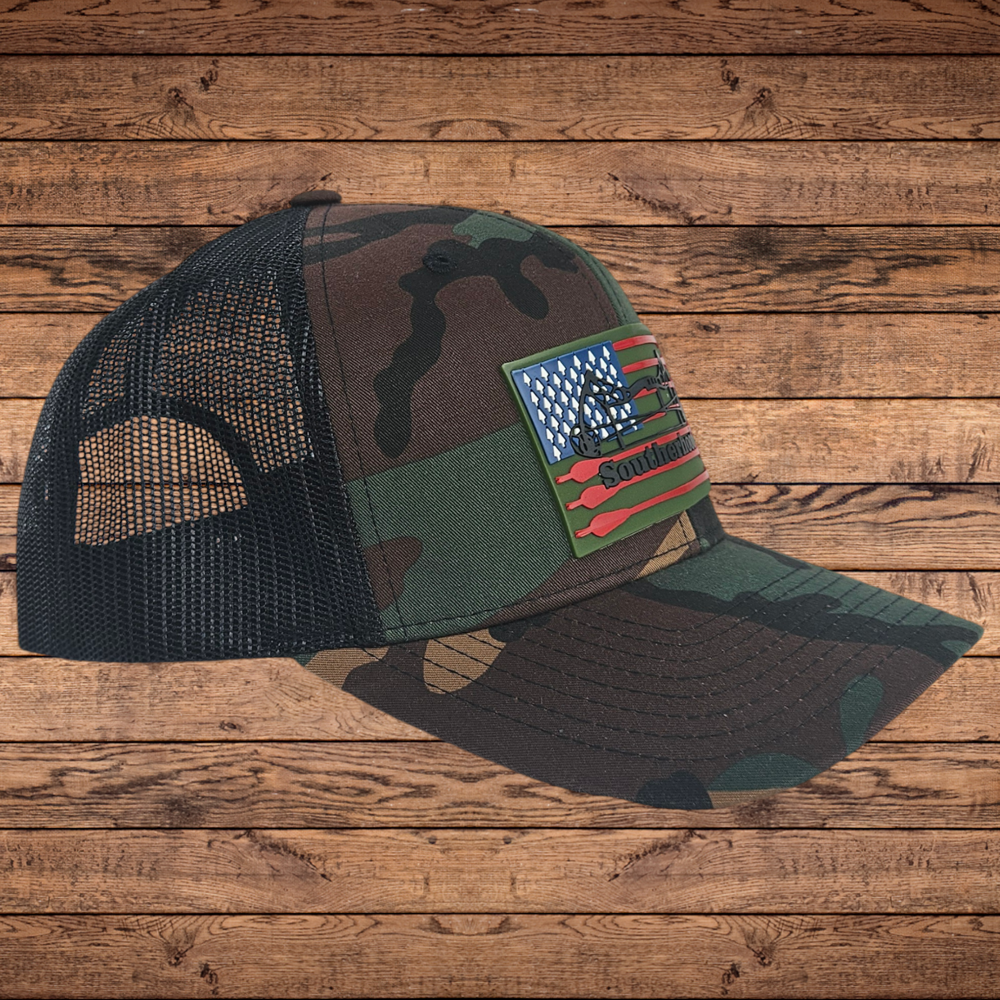 Arrow Flag Patch on YP Retro Trucker Woodland Camo