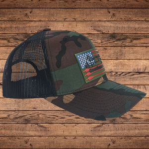 Arrow Flag Patch on YP Retro Trucker Woodland Camo