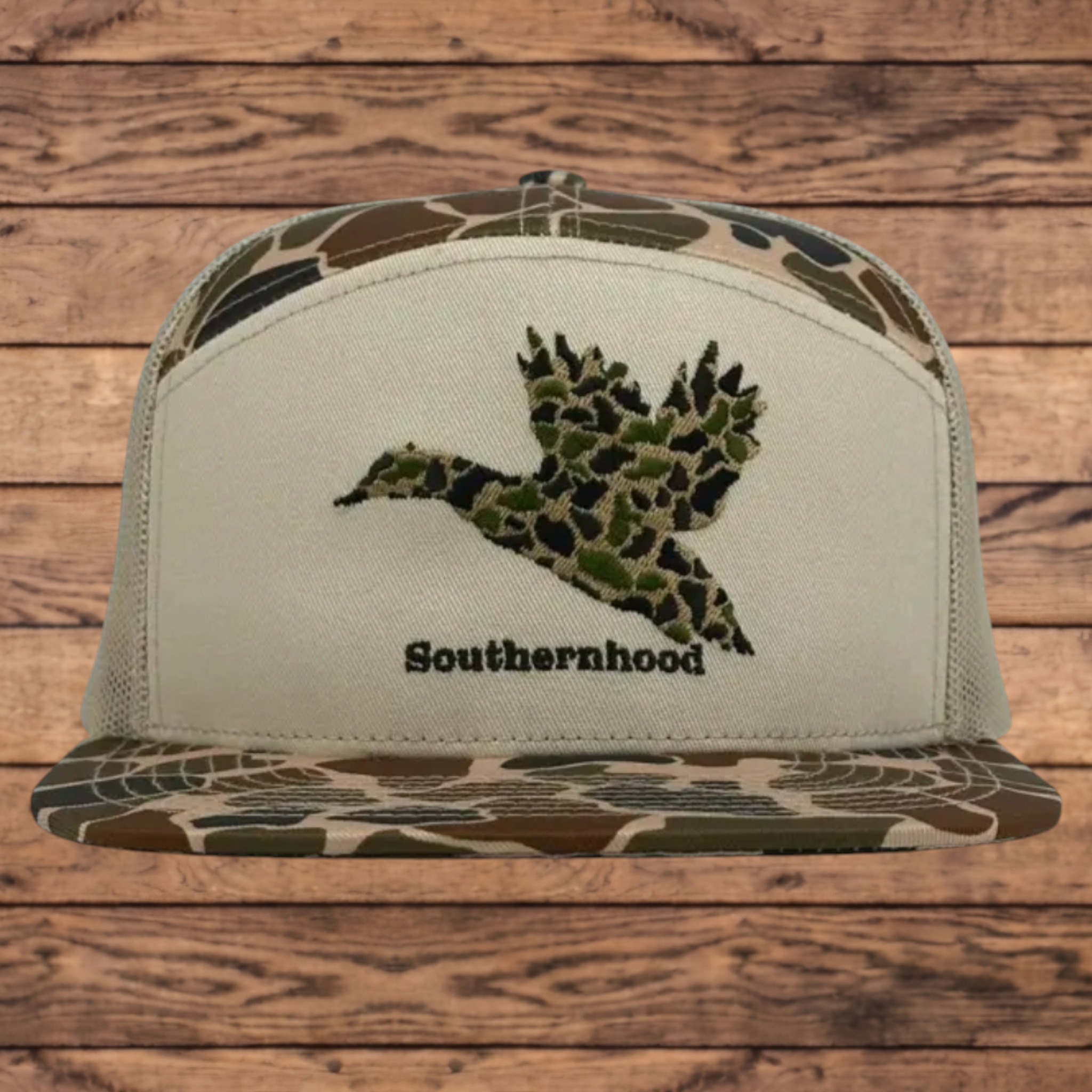 7 Panel, Duck Camo Hat, with Embroidered Camo Duck