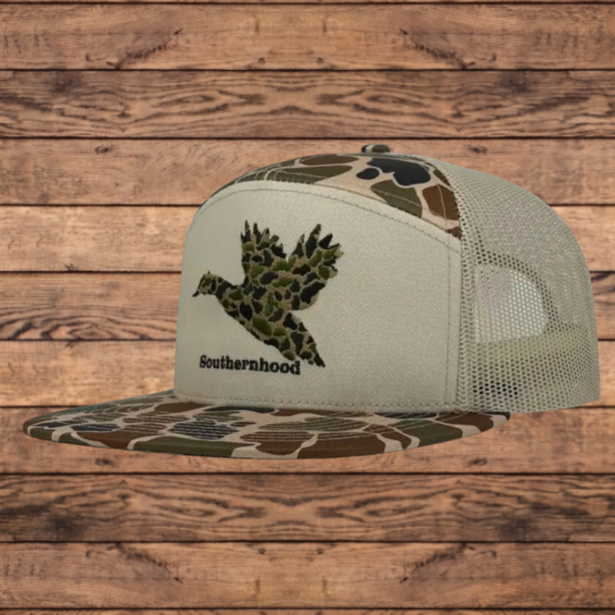 7 Panel, Duck Camo Hat, with Embroidered Camo Duck