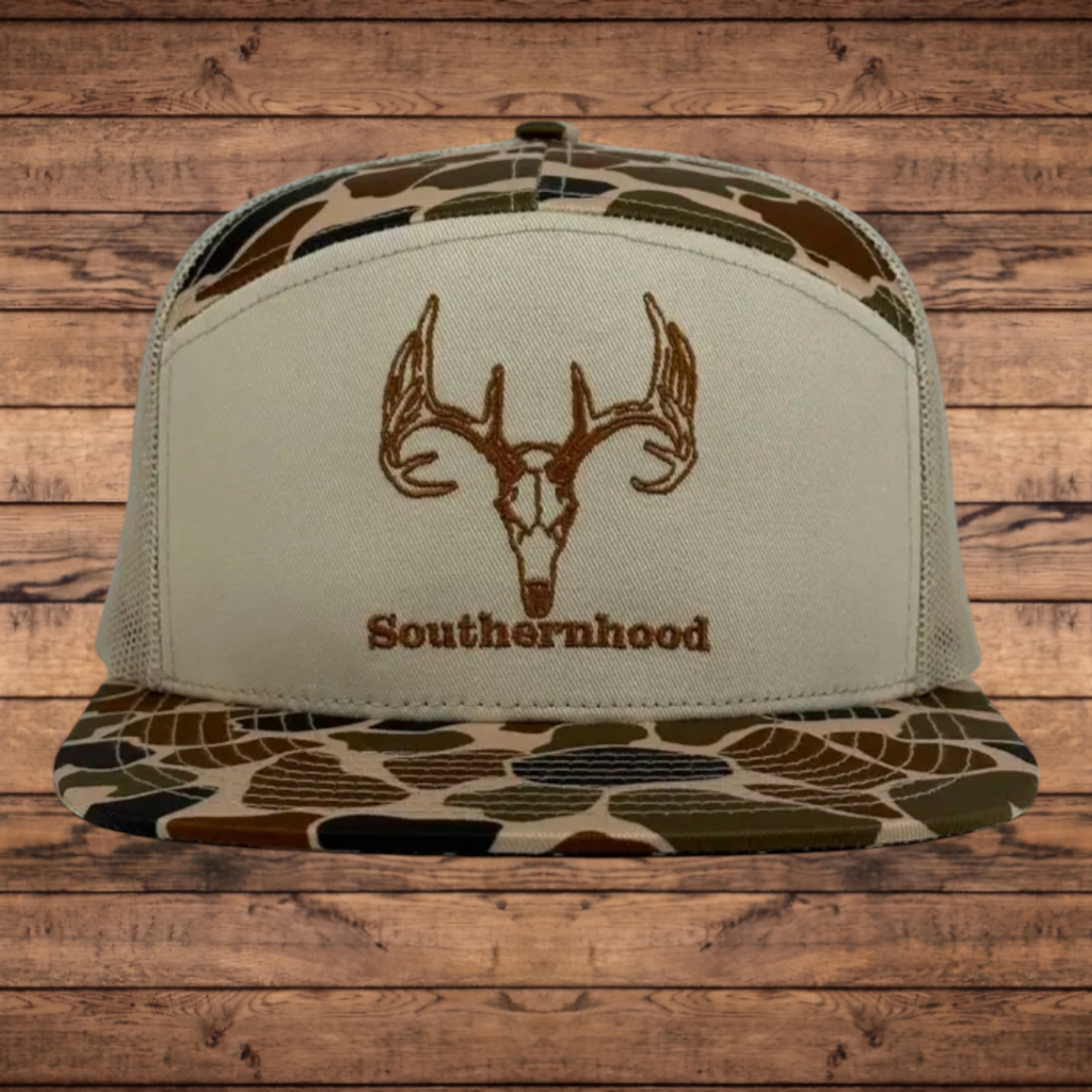 7 Panel, Duck Camo Hat, with Embroidered Deer Skull