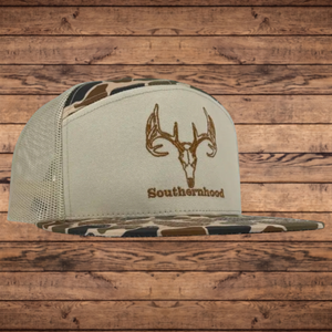 7 Panel, Duck Camo Hat, with Embroidered Deer Skull