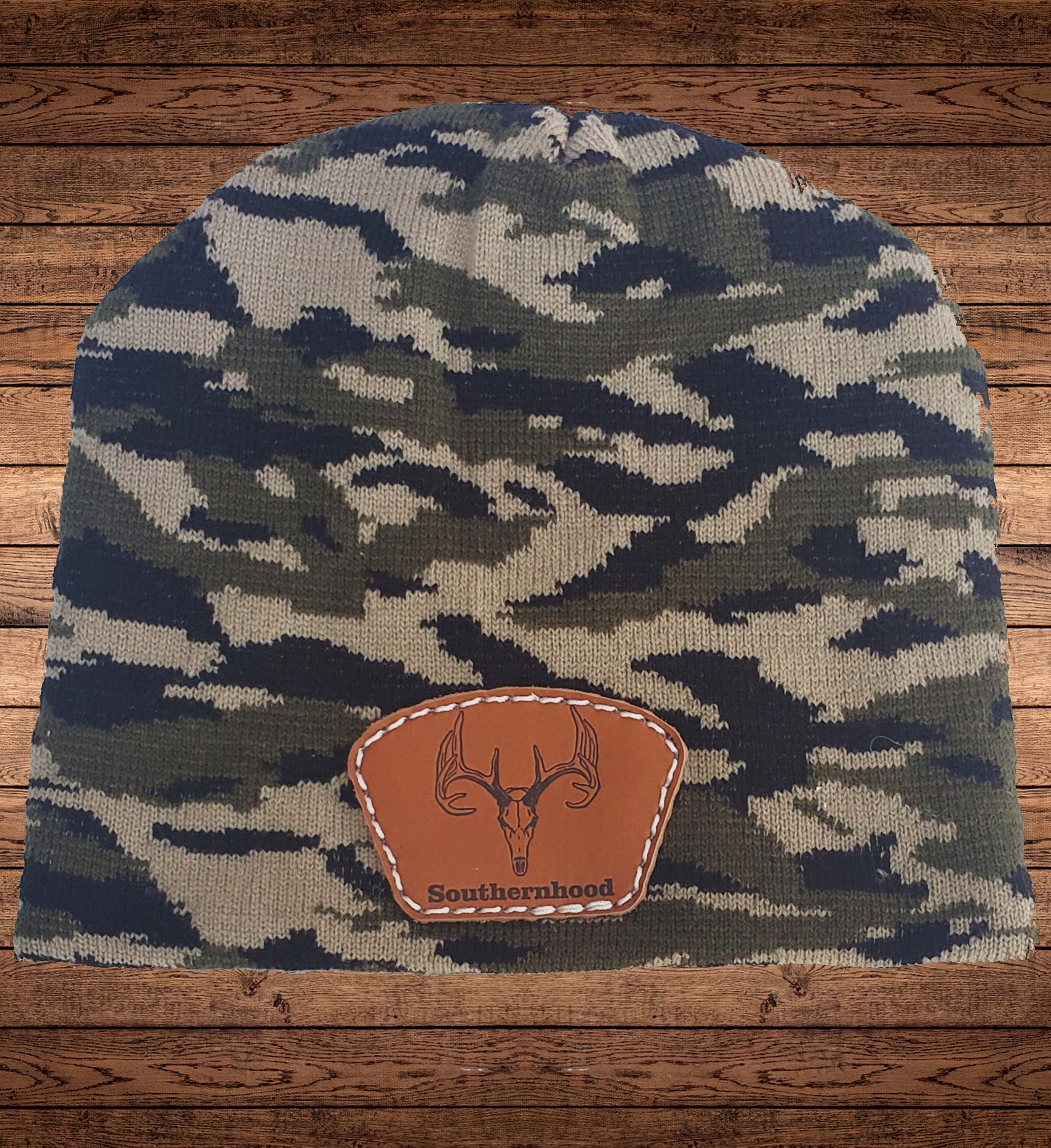 Camo Beanie, Leather Deer Skull Patch