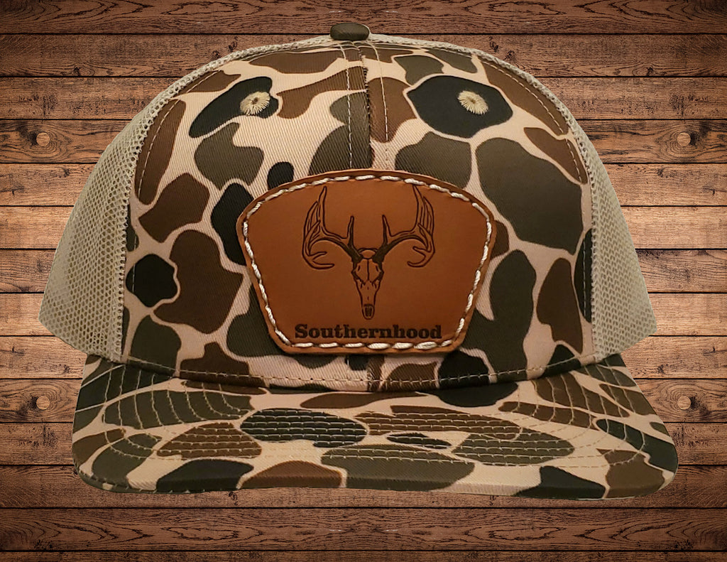 Leather Deer Skull Patch on Classic Duck Camo Hat.