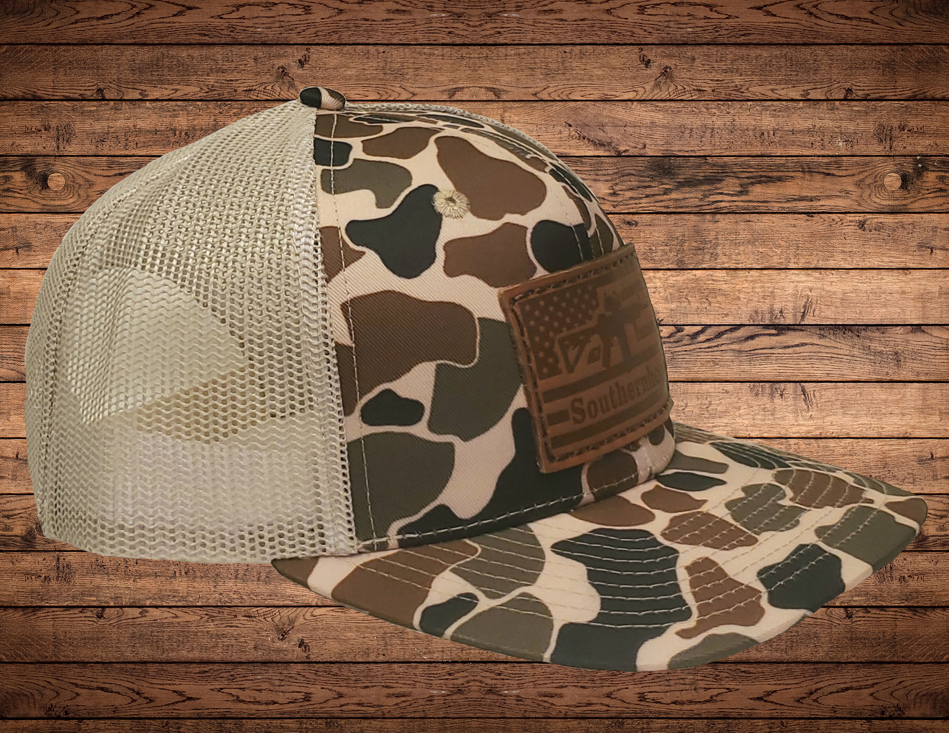 Leather Freedom Flag Patch on Classic Duck Camo Hat.