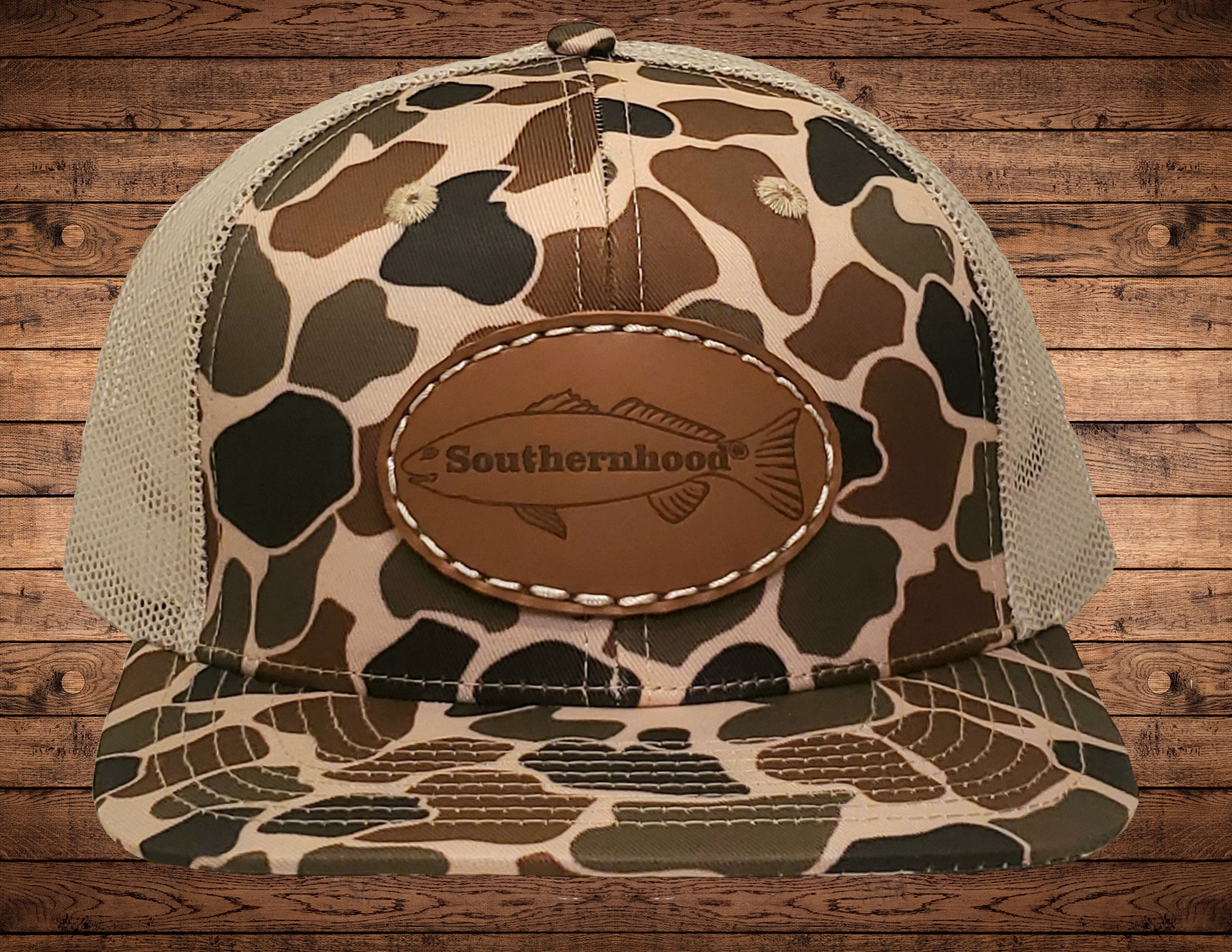 Leather Redfish Patch on Classic Duck Camo Hat.