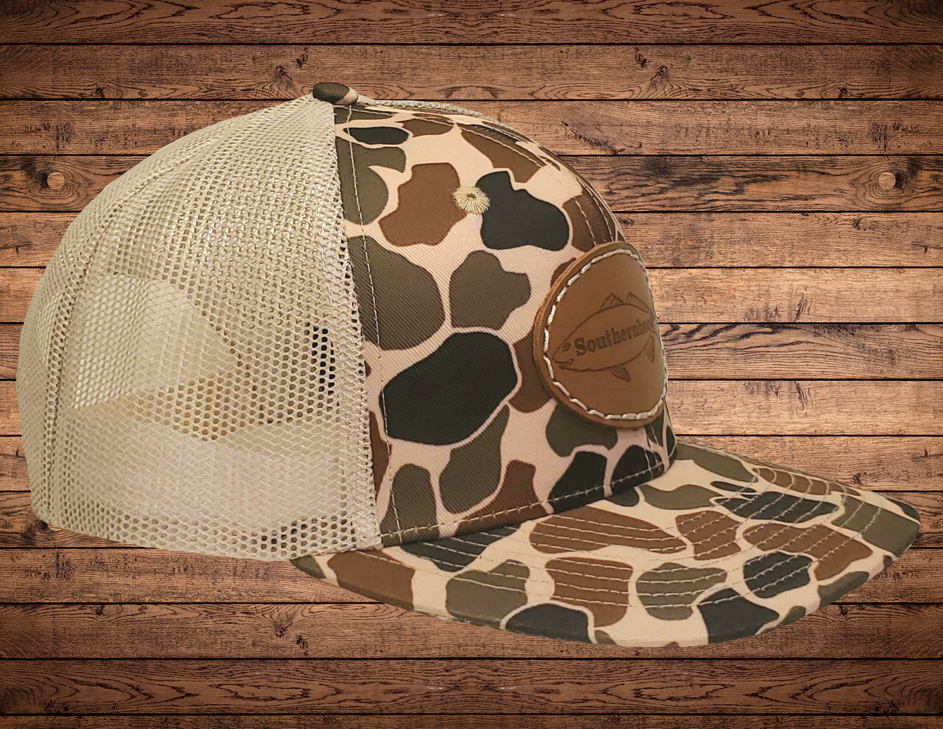 Leather Redfish Patch on Classic Duck Camo Hat.